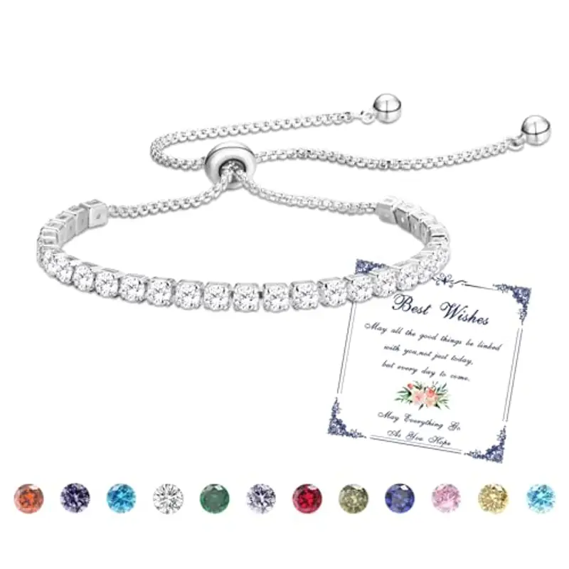 Esmoly Bracciale Donna Argento Bracciale Tennis con 12 Colori di Pietre Natali e 5A Sparkle Zircone Regolabile Regalo Compleanno Donna (04-Aprile)