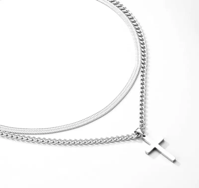 Esmoly Crocifisso Collana Uomo Argento Oro Nero Collana Croce 316L Acciaio Inossidabile Catena Cubana Serpente Catena Doppia Catena Regalo Uomo (Argento 18+20 Inches) miniatura 3