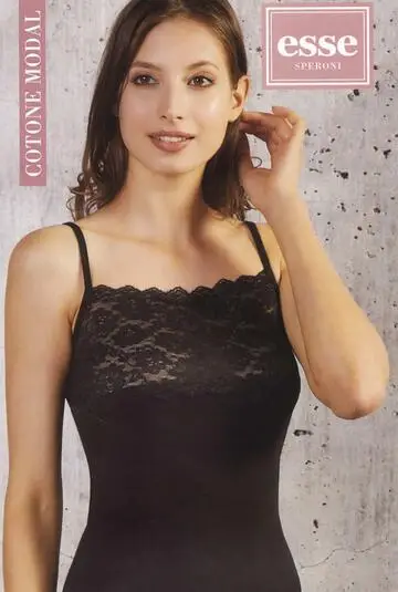 Canottiera donna a spallina stretta in cotone modal con balza di pizzo Esse Speroni 1703
