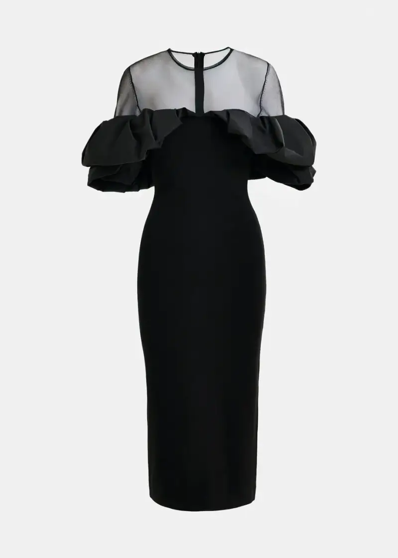 Abito nero midi con carré trasparente e volant in rilievo
