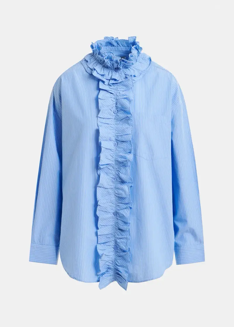 Camicia oversize a righe blu e bianche con volant