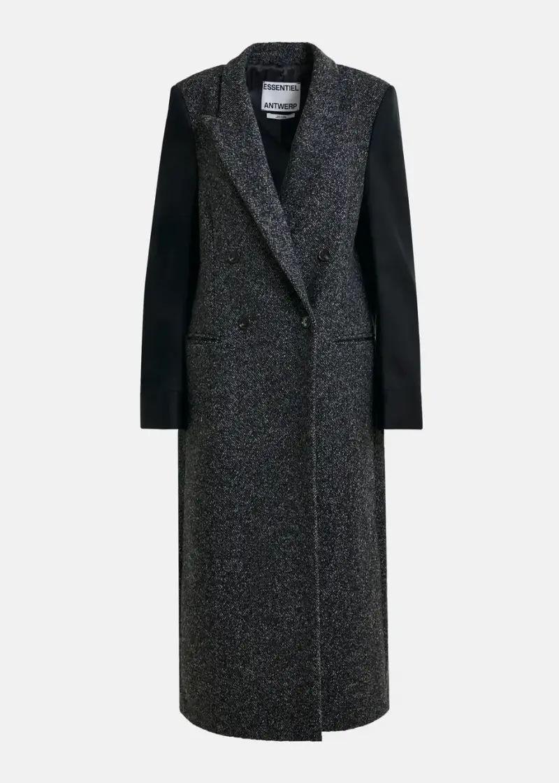 Cappotto doppiopetto lungo grigio con maniche a contrasto nere