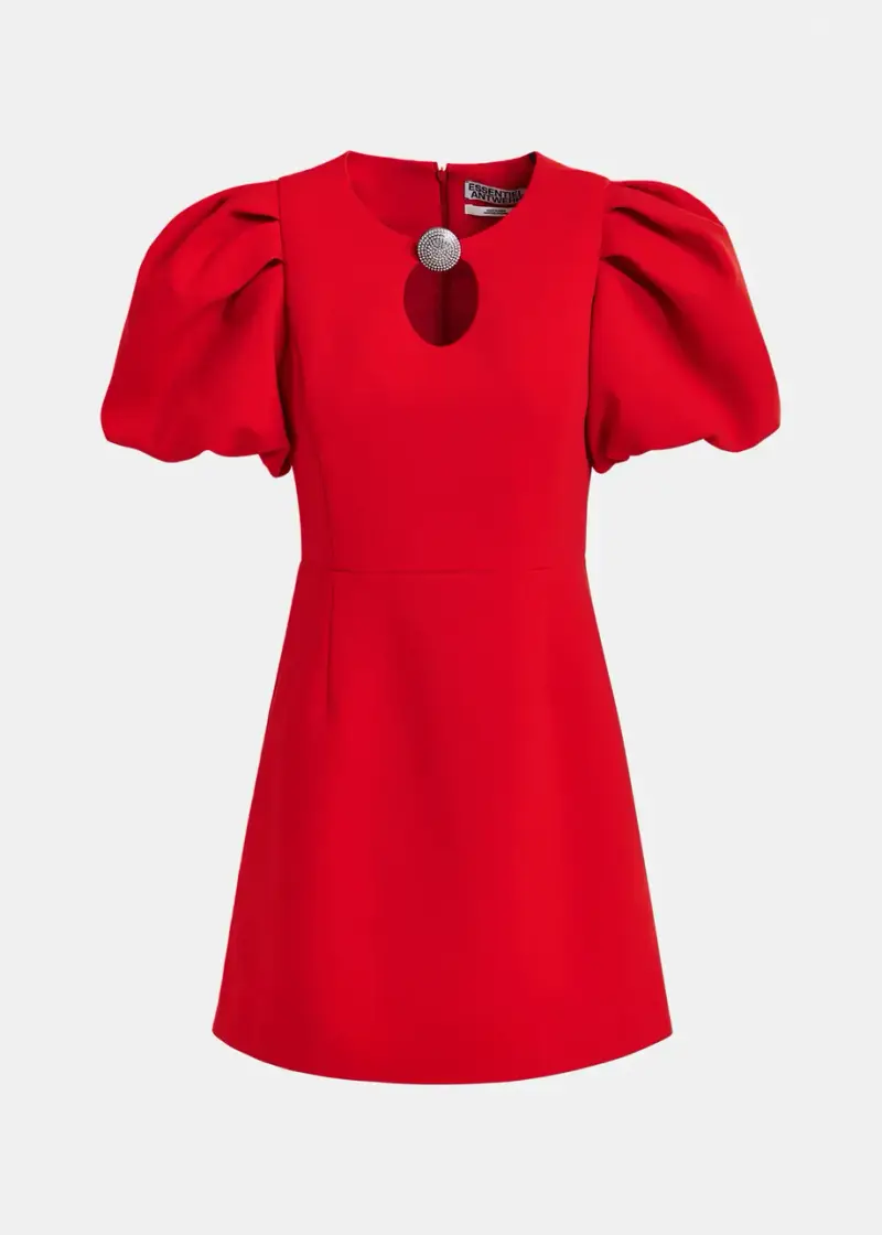 Mini abito rosso con maniche a sbuffo e spilla gioiello