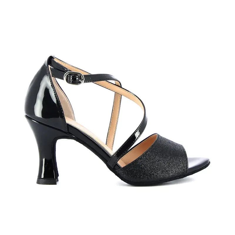 Sandali neri glitter da ballo con tacco e suola in pelle di bufalo