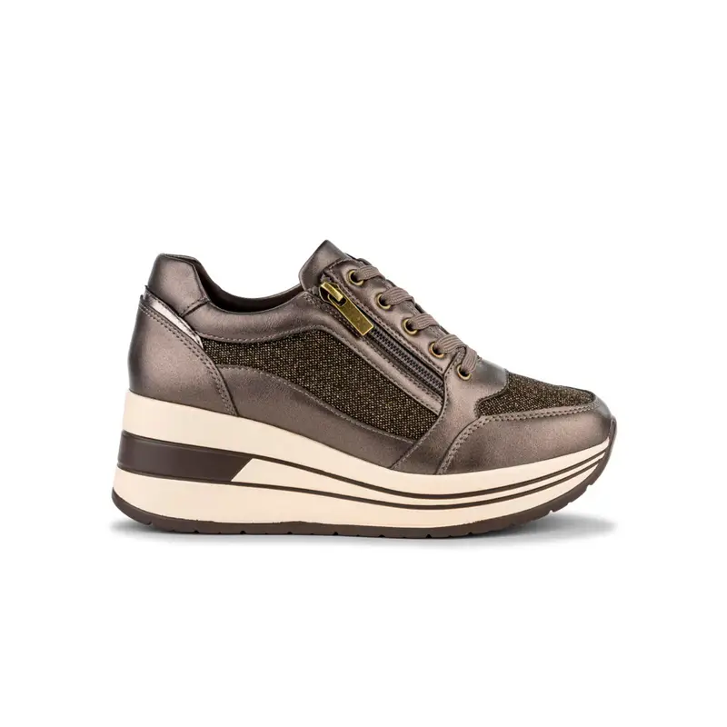 Sneakers marroni da donna con suola zeppa e inserto in tessuto glitter