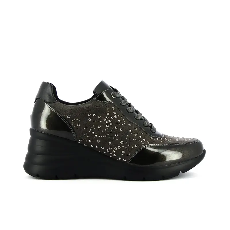 Sneakers grigie e nere con micro strass e zeppina