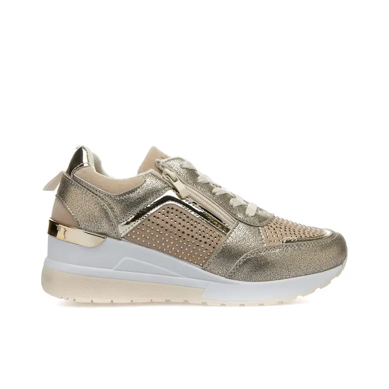 Sneakers oro con zip strass e zeppa