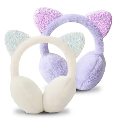 ESYFOR Paraorecchie Bambini, 2 Pezzi Scalda Orecchie Ragazze Copriorecchie Regolabili Confortevole Paillettes Peluche