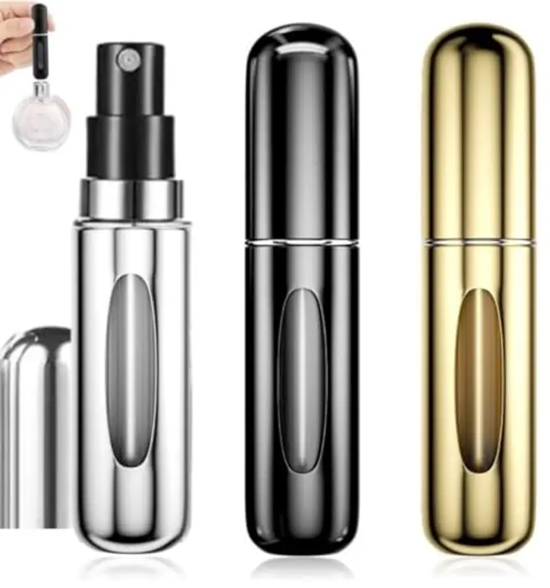 ETISEN, 3 Pezzi 5ml Atomizzatore di Profumo, Ricaricabile Spruzzino Profumo, Mini bottiglia spray portatile, Spruzzatore per bottiglie di profumo con finestra, Buono per viaggi (nero, argento, oro)