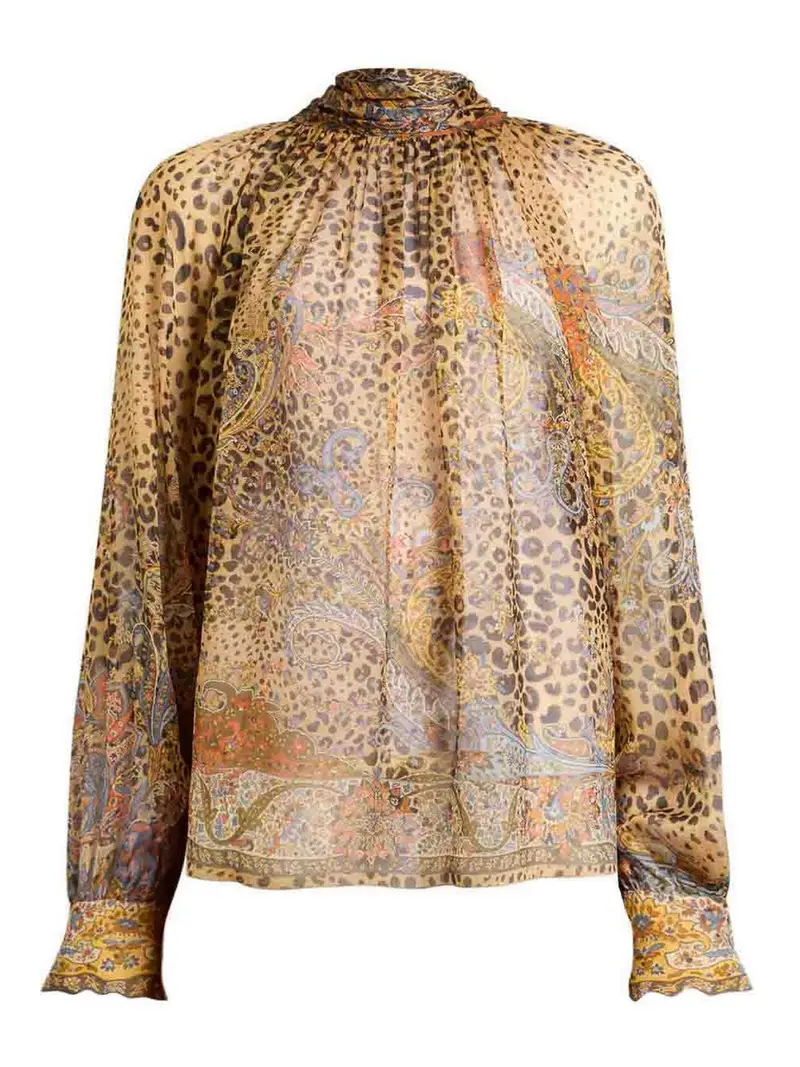 Blusa In Seta Con Stampa Leopardata Marrone