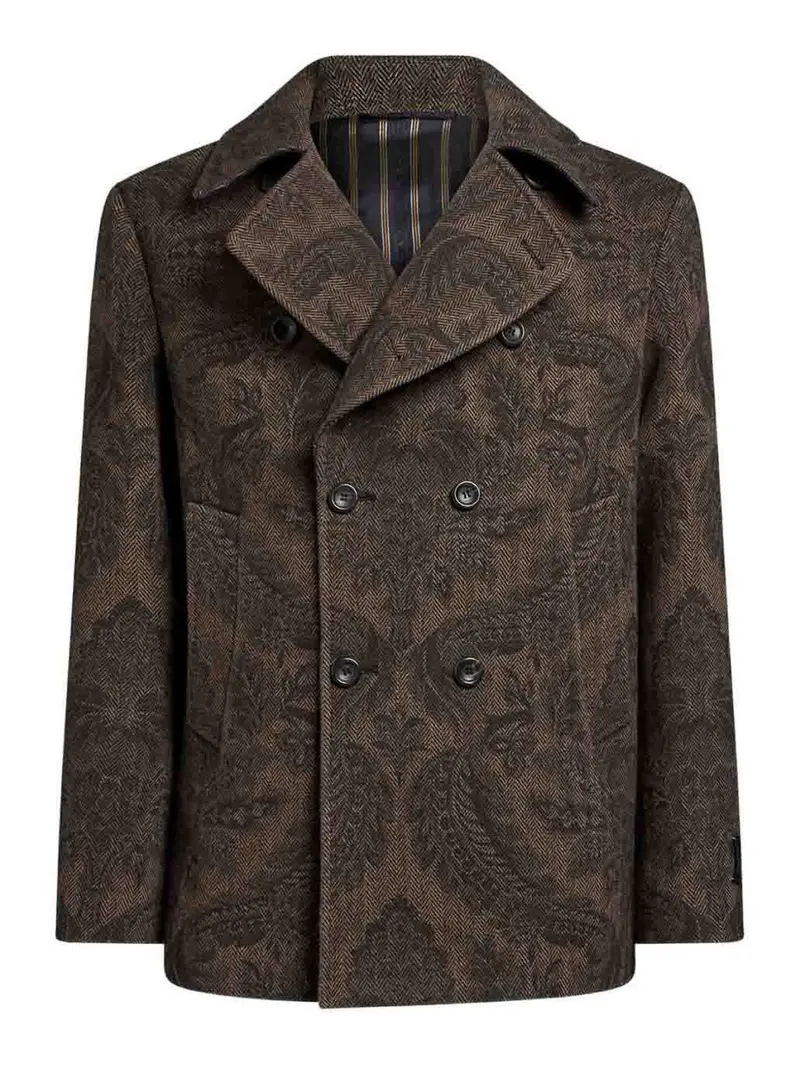 Caban Doppiopetto Con Stampa Paisley Marrone Scuro