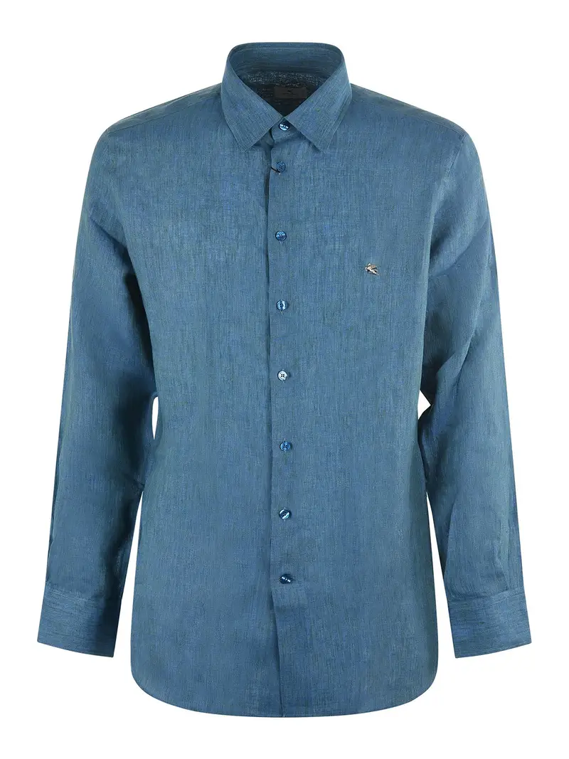 Camicia di lino con logo ricamato Blu