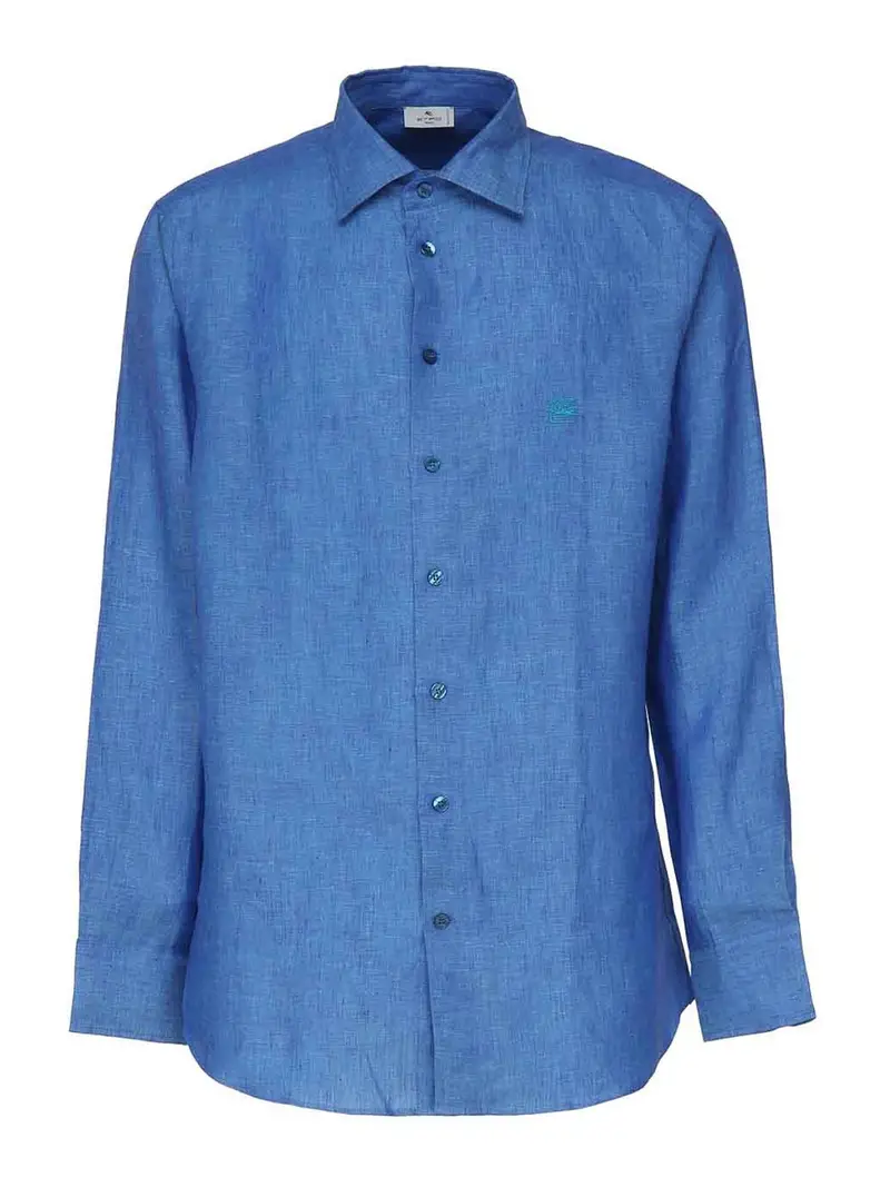 Camicia In Lino Con Logo Blu