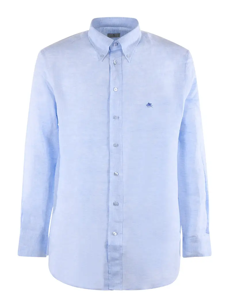 Camicia in lino con logo ricamato Azzurro