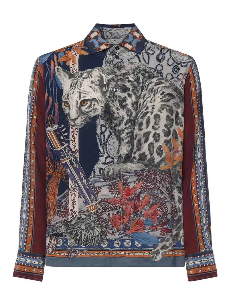 Camicia in seta con stampa leopardata Blu