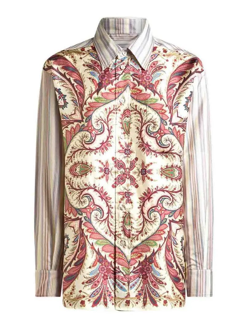 Camicia Over In Cotone A Righe Con Stampa Multicolore