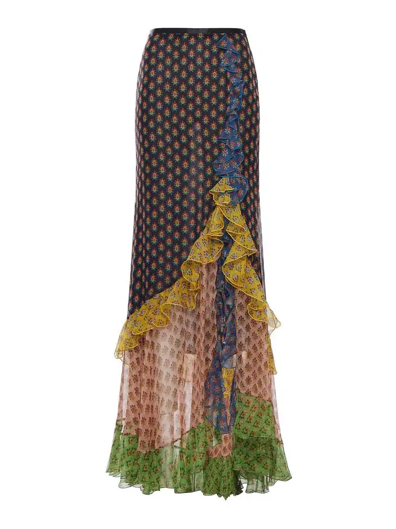 Gonna Lunga In Seta Patchwork Con Volant Multicolore