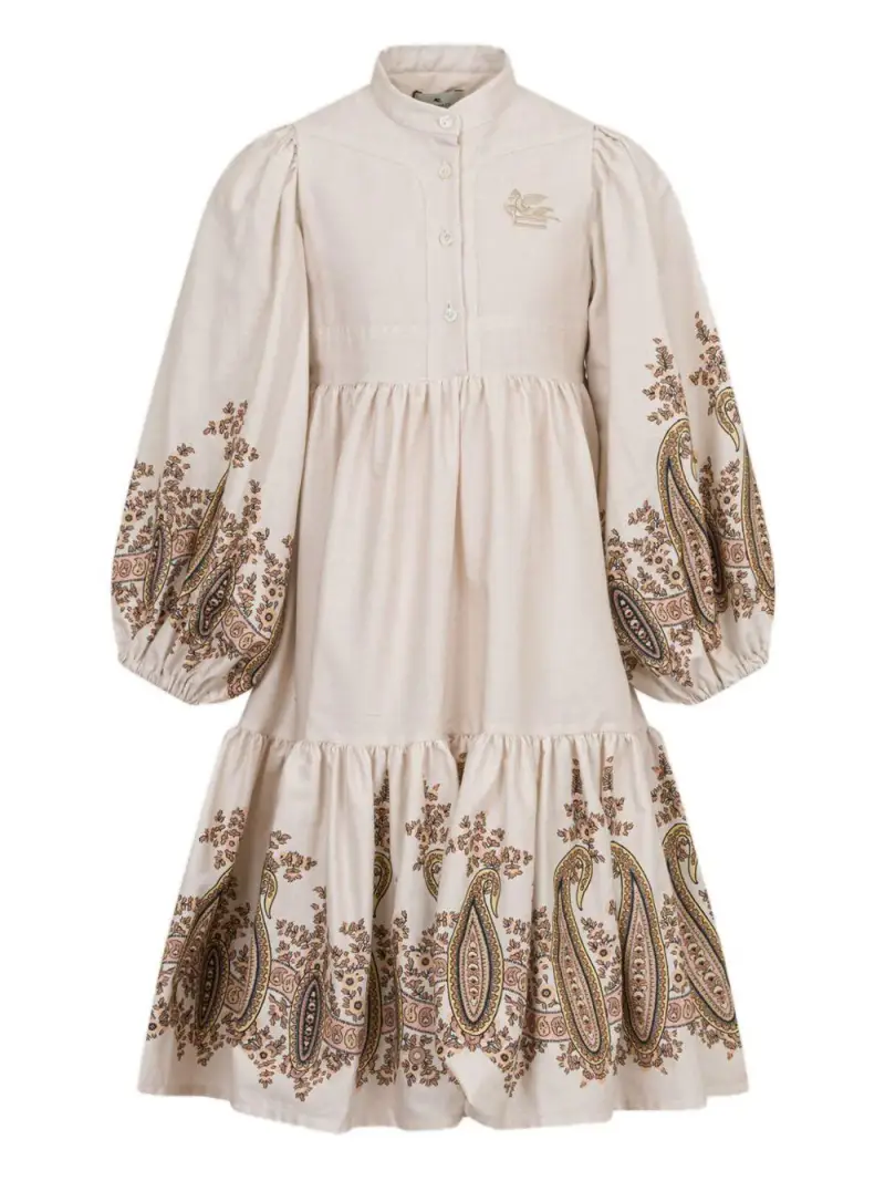 Abito in Flanella con Volant e Stampa Paisley Beige