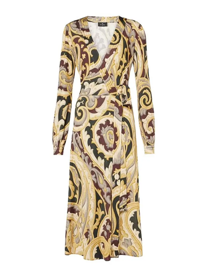 Vestito Kimono In Tessuto Multicolor Beige