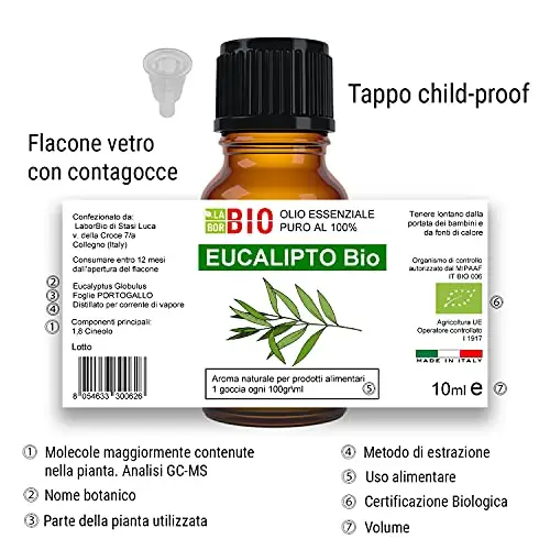 Eucalipto Bio Olio essenziale 100% Puro 10 ml - Uso interno Terapeutico Alimentare Diffusori ambiente Aromaterapia miniatura 3