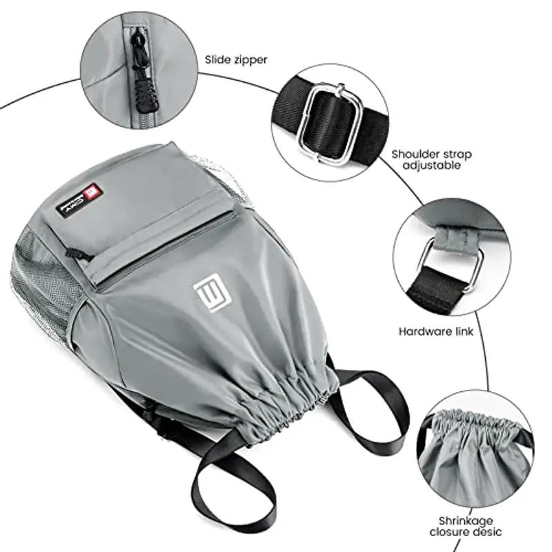 Eucomir Sacca Sportiva Palestra, Sacchetto Con Tasche In Rete, Borsa In Nylon Impermeabile Con Coulisse, Cerniera Esterna, Grigio miniatura 2