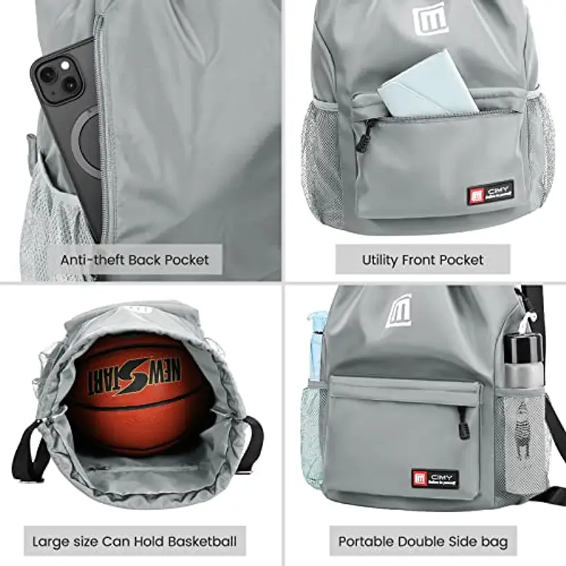 Eucomir Sacca Sportiva Palestra, Sacchetto Con Tasche In Rete, Borsa In Nylon Impermeabile Con Coulisse, Cerniera Esterna, Grigio miniatura 3