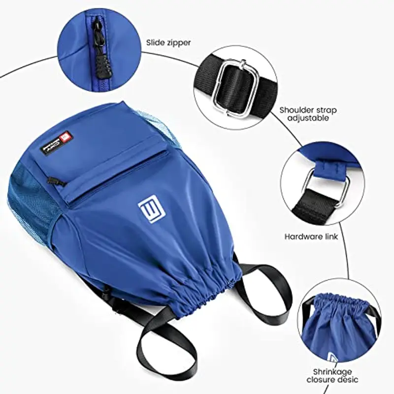 Eucomir Sacca Sportiva Palestra, Sacchetto Con Tasche In Rete, Borsa In Nylon Impermeabile Con Coulisse Con Cerniera Esterna, Blu miniatura 2
