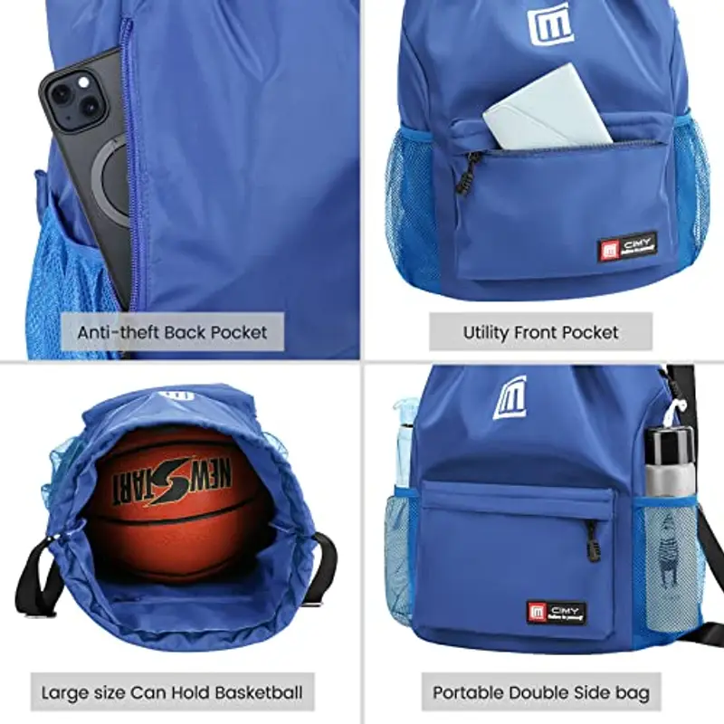 Eucomir Sacca Sportiva Palestra, Sacchetto Con Tasche In Rete, Borsa In Nylon Impermeabile Con Coulisse Con Cerniera Esterna, Blu miniatura 3