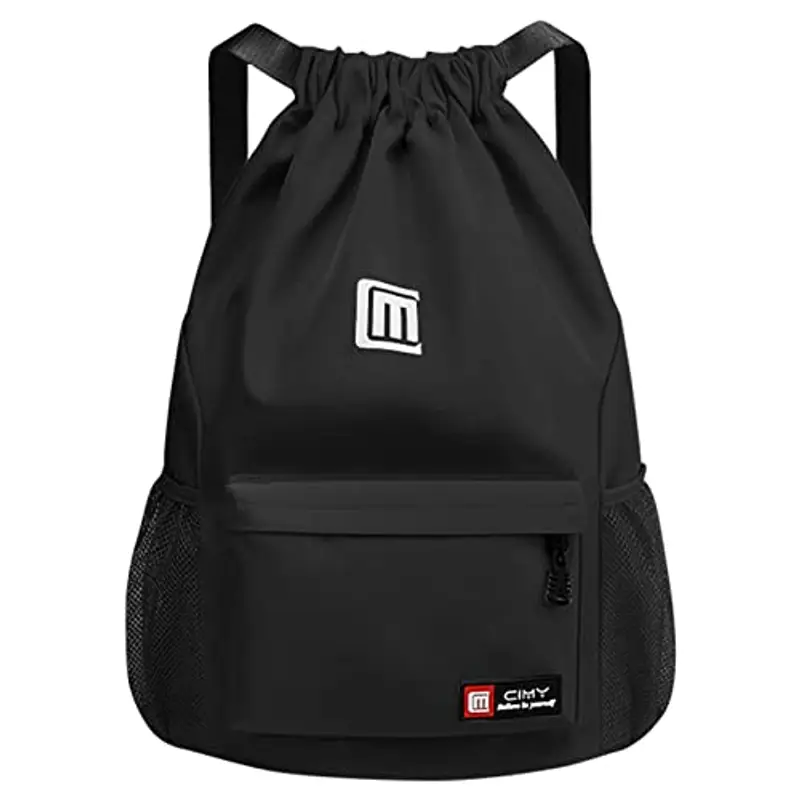 Eucomir Sacca Sportiva Palestra, Sacchetto Con Tasche In Rete, Borsa In Nylon Impermeabile Con Coulisse Con Cerniera Esterna,Nero