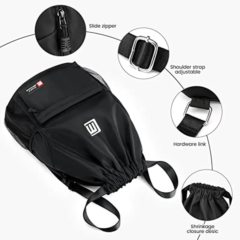 Eucomir Sacca Sportiva Palestra, Sacchetto Con Tasche In Rete, Borsa In Nylon Impermeabile Con Coulisse Con Cerniera Esterna, Nero miniatura 2