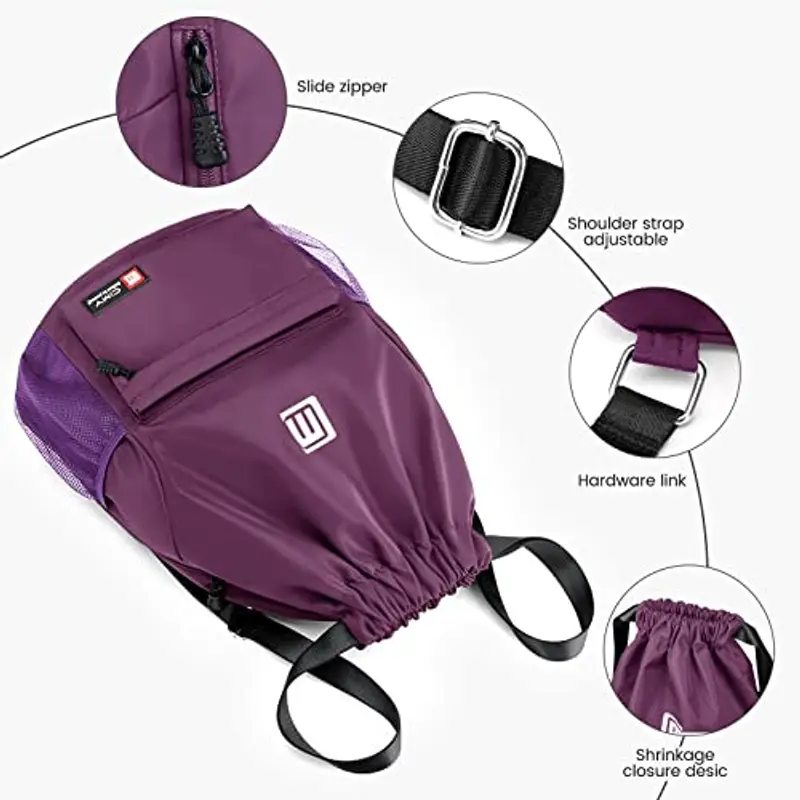 Eucomir Sacca Sportiva Palestra, Sacchetto Con Tasche In Rete, Borsa In Nylon Impermeabile Con Coulisse Con Cerniera Esterna, Viola miniatura 2