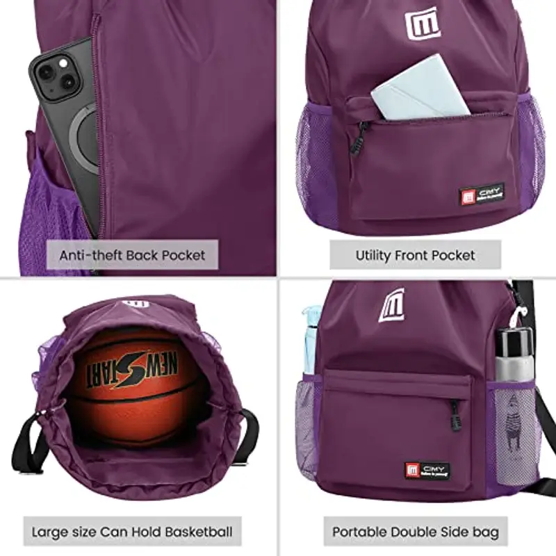 Eucomir Sacca Sportiva Palestra, Sacchetto Con Tasche In Rete, Borsa In Nylon Impermeabile Con Coulisse Con Cerniera Esterna, Viola miniatura 3