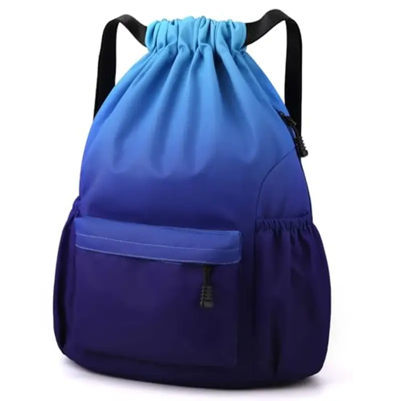 Eucomir Sacca Sportiva Palestra, Sacchetto Sportivo Con Tasche In Rete, Borsa Da Palestra In Nylon Impermeabile Con Coulisse Borsa Da Palestra Con Coulisse Con Cerniera Esterna, Blu sfumato
