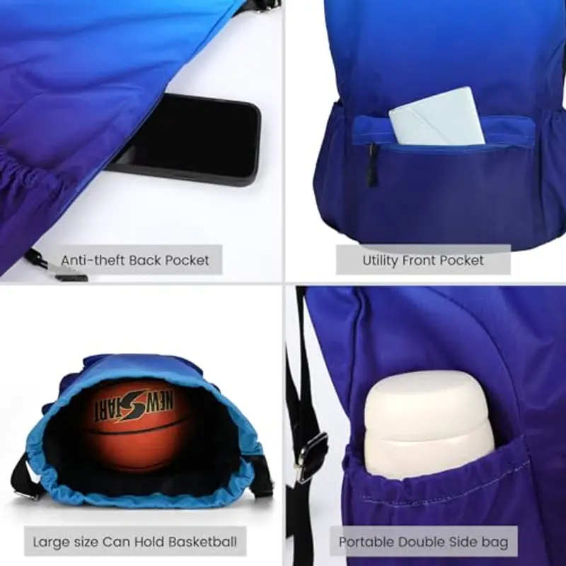 Eucomir Sacca Sportiva Palestra, Sacchetto Sportivo Con Tasche In Rete, Borsa Da Palestra In Nylon Impermeabile Con Coulisse Borsa Da Palestra Con Coulisse Con Cerniera Esterna, Blu sfumato miniatura 2