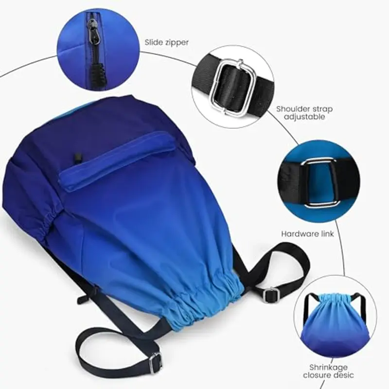 Eucomir Sacca Sportiva Palestra, Sacchetto Sportivo Con Tasche In Rete, Borsa Da Palestra In Nylon Impermeabile Con Coulisse Borsa Da Palestra Con Coulisse Con Cerniera Esterna, Blu sfumato miniatura 3