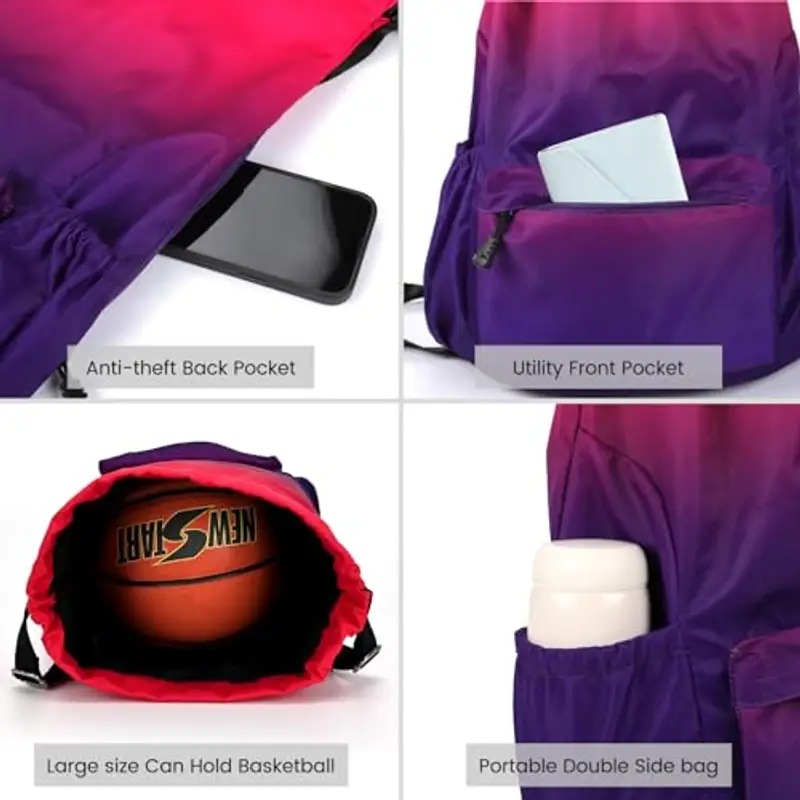 Eucomir Sacca Sportiva Palestra, Sacchetto Sportivo Con Tasche In Rete, Borsa Da Palestra In Nylon Impermeabile Con Coulisse Borsa Da Palestra Con Coulisse Con Cerniera Esterna, Rosso sfumato miniatura 3