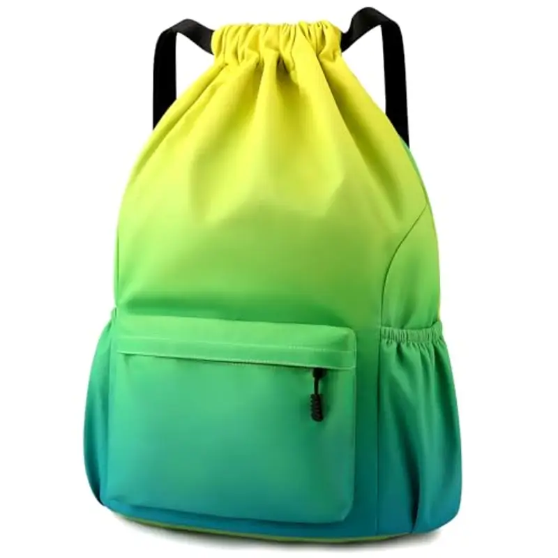 Eucomir Sacca Sportiva Palestra, Sacchetto Sportivo Con Tasche In Rete, Borsa Da Palestra In Nylon Impermeabile Con Coulisse Borsa Da Palestra Con Coulisse Con Cerniera Esterna, Verde sfumato