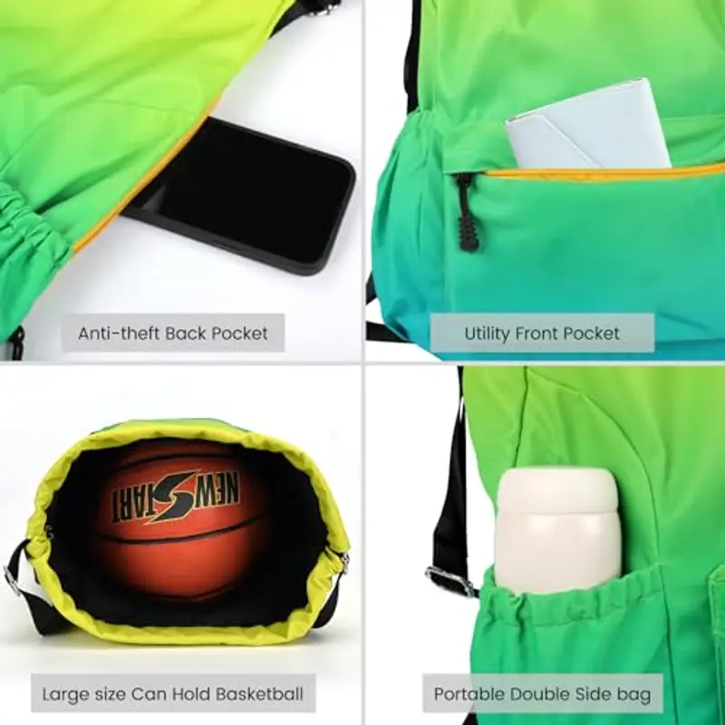 Eucomir Sacca Sportiva Palestra, Sacchetto Sportivo Con Tasche In Rete, Borsa Da Palestra In Nylon Impermeabile Con Coulisse Borsa Da Palestra Con Coulisse Con Cerniera Esterna, Verde sfumato miniatura 2