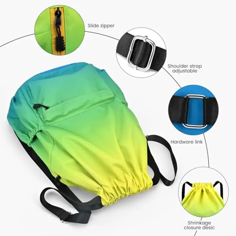 Eucomir Sacca Sportiva Palestra, Sacchetto Sportivo Con Tasche In Rete, Borsa Da Palestra In Nylon Impermeabile Con Coulisse Borsa Da Palestra Con Coulisse Con Cerniera Esterna, Verde sfumato miniatura 3