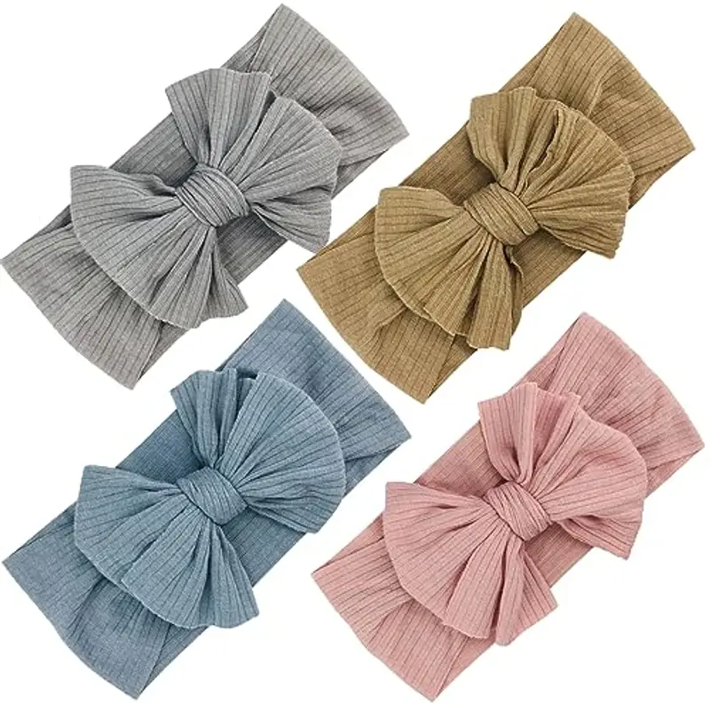 EUDUQ 4 Pezzi Fasce Bambina Neonata,Fascia Neonato in Cotone,Elastica Fascette Per Capelli Per Fiocchi,Fascia Per Turbante,Accessori per Bambina Neonata 0-3 Anni?Grigio Chiaro/Cachi/Azzurro/Rosa?