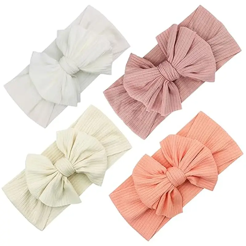 EUDUQ 4 Pezzi Fasce Bambina Neonata,Fascia Neonato in Cotone,Elastica Fascette Per Capelli Per Fiocchi,Fascia Per Turbante,Accessori per Bambina Neonata 0-3 Anni(Rosa/Bianco/Beige/Pesca)