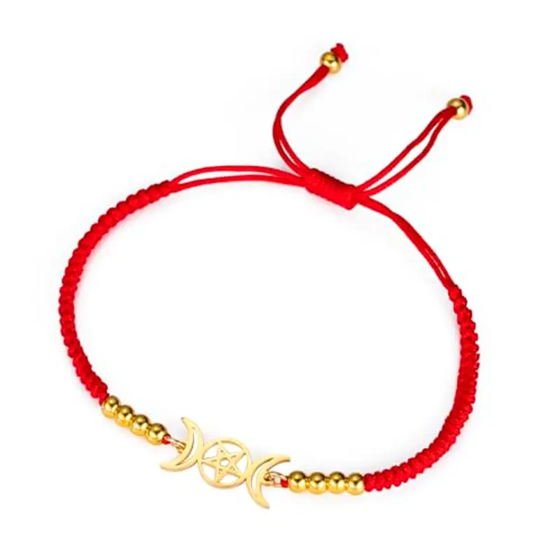 EUEAVAN Tripla Luna Dea Pentagramma Stella Filo di Cera Bracciale Amuleto Pentagramma Religione Bangle Acciaio Inox Gioielli Simbolo Stregoneria Regali Per Donne (rosso 2)
