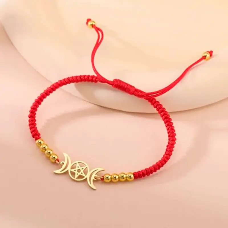 EUEAVAN Tripla Luna Dea Pentagramma Stella Filo di Cera Bracciale Amuleto Pentagramma Religione Bangle Acciaio Inox Gioielli Simbolo Stregoneria Regali Per Donne (rosso 2) miniatura 3