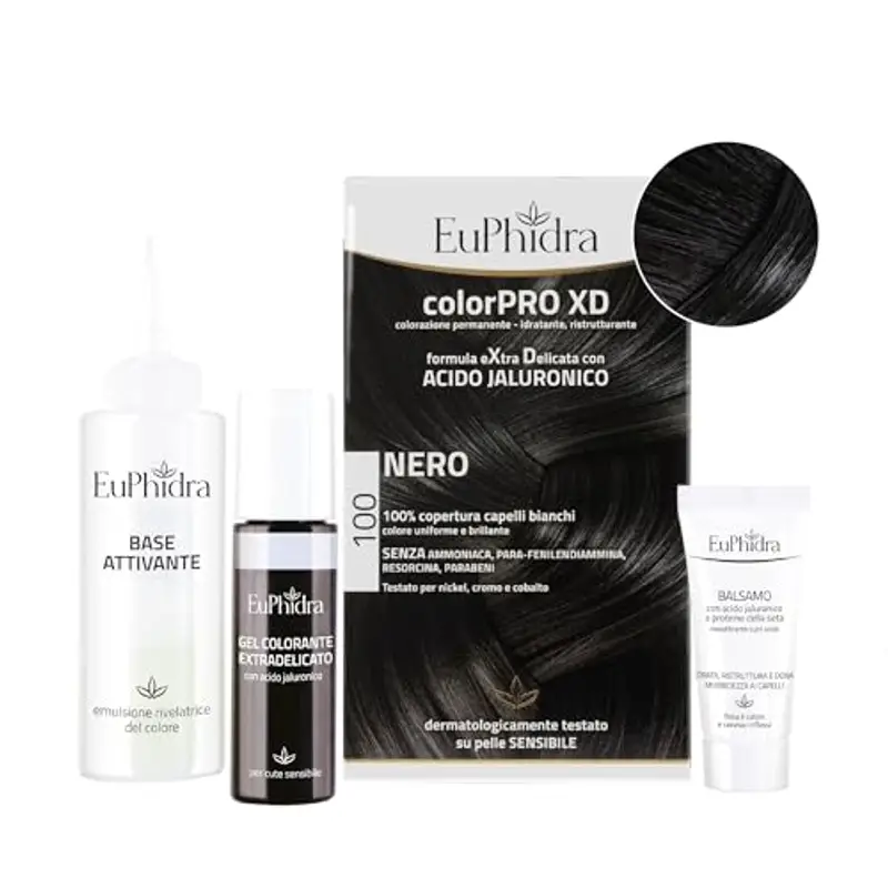 Euphidra - ColorPro XD 100, Nero, Colorazione Permanente con Acido Ialuronico, Lascia il Capello Morbido e Sano, Idrata