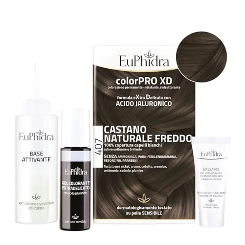 Euphidra - ColorPro XD 407, Castano Naturale Freddo, Riduce il Rischio di Irritazioni e Allergie, Colorazione Permanente con Acido Ialuronico, Offre Idratazione e Colore Duraturo,