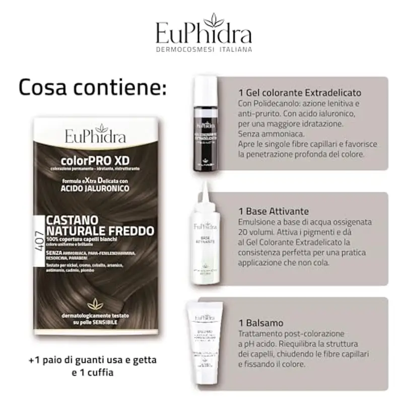 Euphidra - ColorPro XD 407, Castano Naturale Freddo, Riduce il Rischio di Irritazioni e Allergie, Colorazione Permanente con Acido Ialuronico, Offre Idratazione e Colore Duraturo miniatura 3