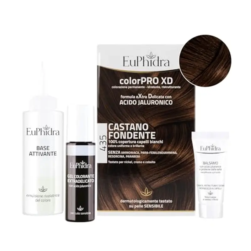 Euphidra - ColorPro XD, 435 Castano Fondente, Gel Colorante Extradelicato 50 ml + Base Attivante 50 ml + Balsamo con Acido Jaluronico 20 ml + 1 paio di guanti usa e getta e 1 cuffia