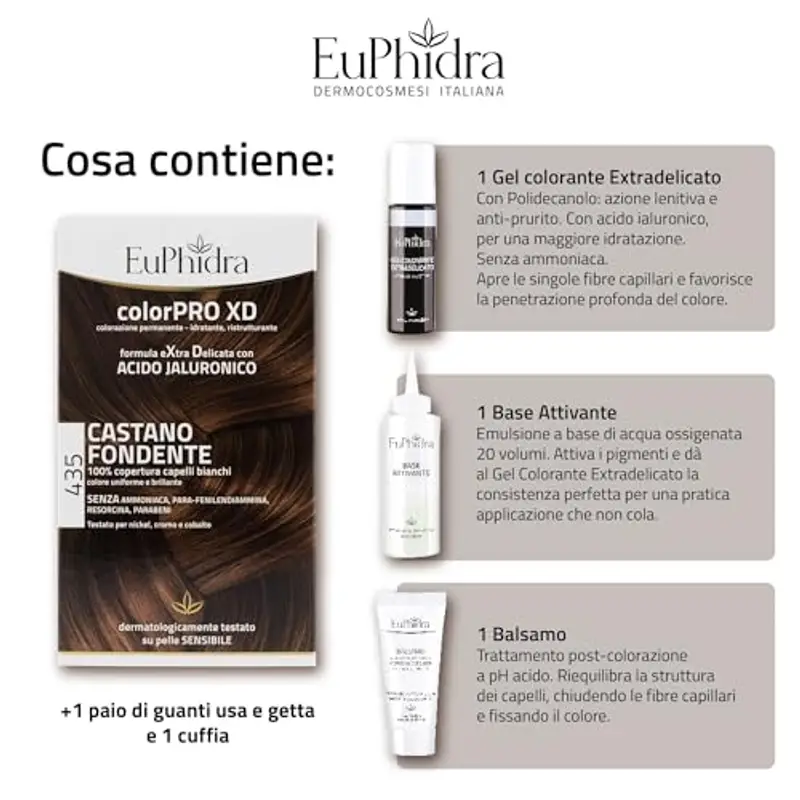 Euphidra - ColorPro XD, 435 Castano Fondente, Gel Colorante Extradelicato 50 ml + Base Attivante 50 ml + Balsamo con Acido Jaluronico 20 ml + 1 paio di guanti usa e getta e 1 cuffia miniatura 3