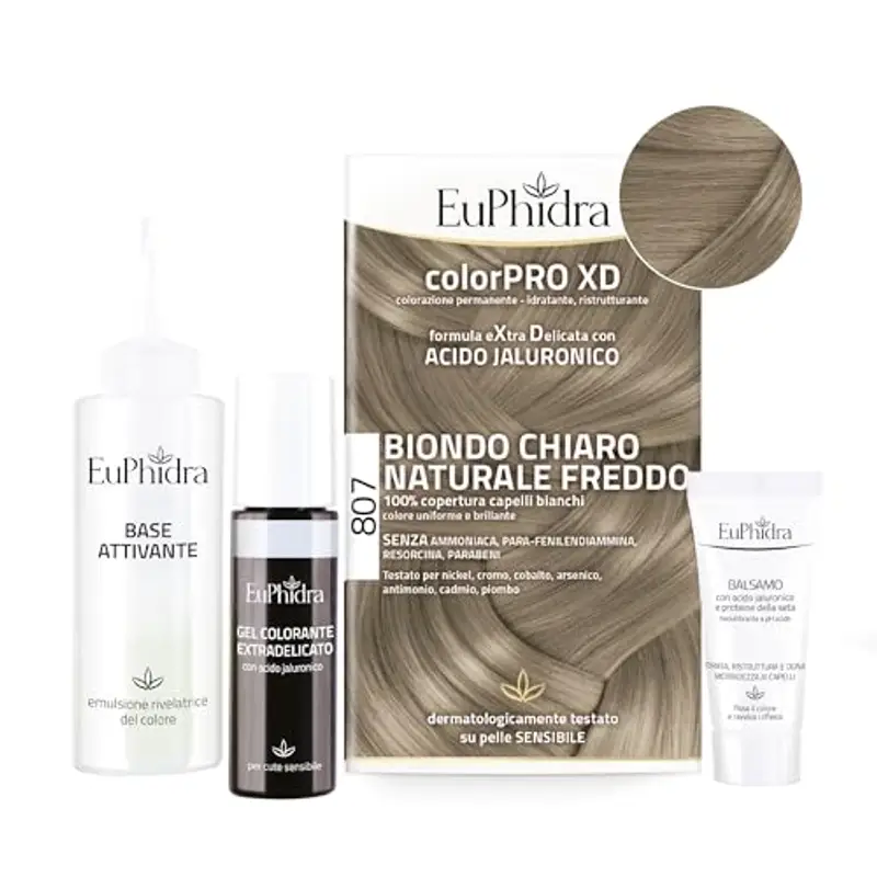 Euphidra - ColorPro XD 807, Biondo Chiaro Naturale Freddo, Risultato Luminoso e Idratato, Penetra nella Fibra Capillare, Colorazione Permanente con Acido Ialuronico,