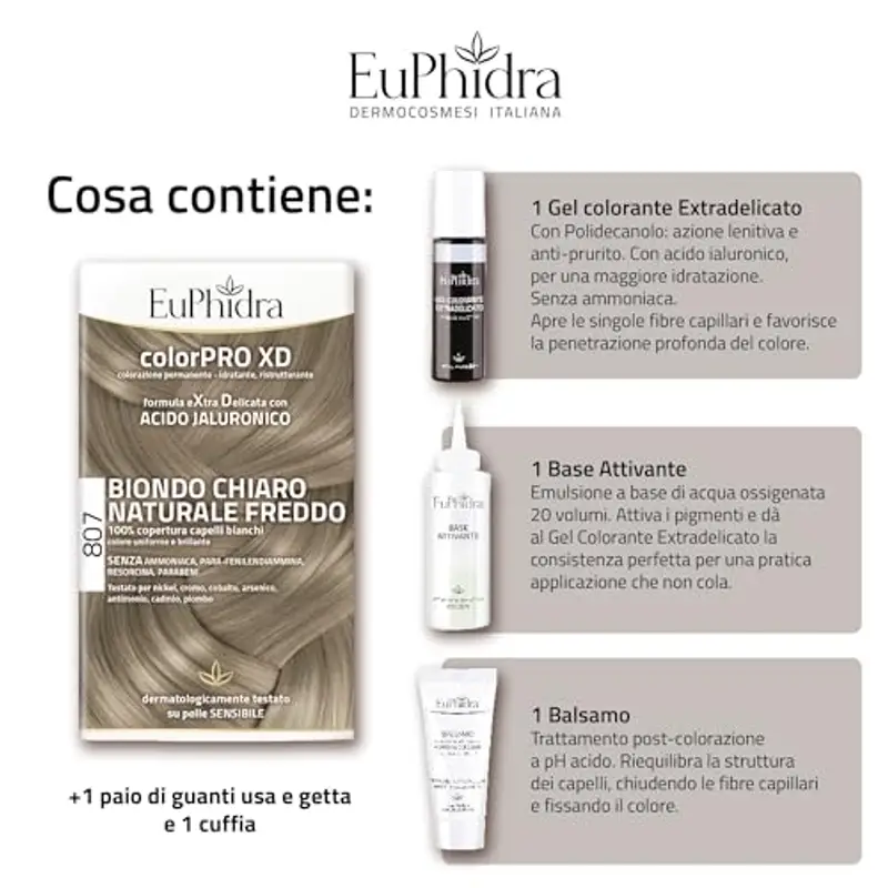 Euphidra - ColorPro XD 807, Biondo Chiaro Naturale Freddo, Risultato Luminoso e Idratato, Penetra nella Fibra Capillare, Colorazione Permanente con Acido Ialuronico miniatura 3